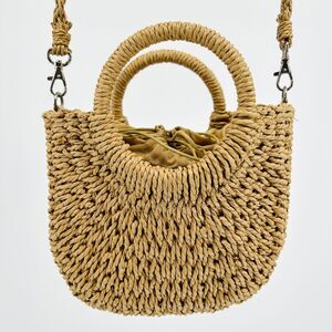 Woven Tan Rope Round Top Handle Handbag with Detachable Shoulder Strap